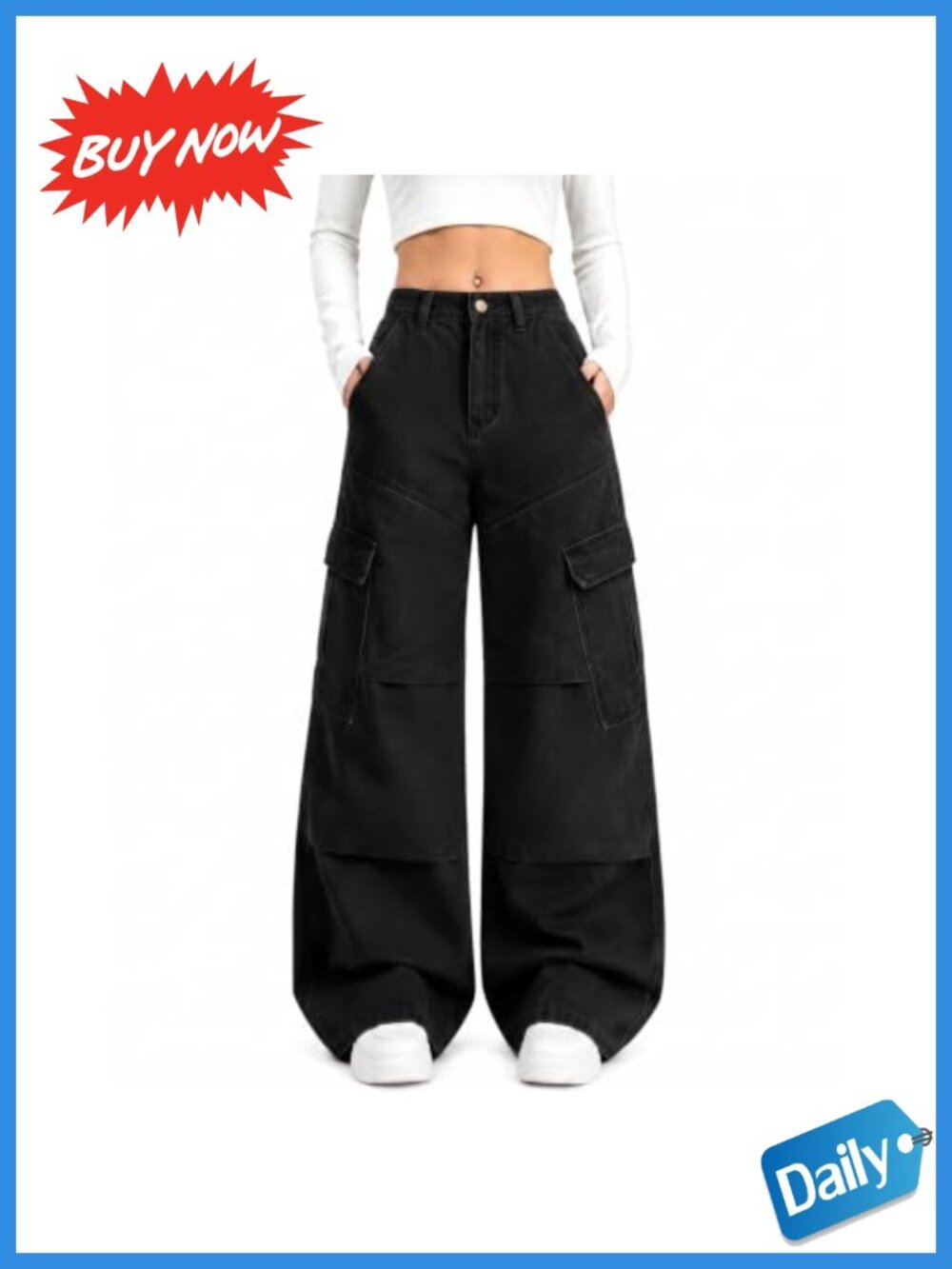Wide Leg Cargo Jeans Cotton Blend Stretch Mid Rise Utility Pockets Baggy
